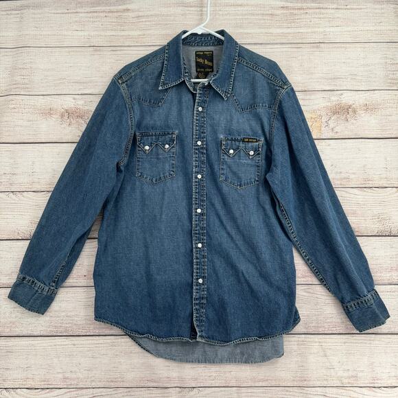 Lucky Brand Classic Indigos Pearl Snap Denim Shirt Mens XL Blue Medium Wash - Picture 1 of 13